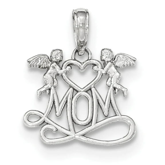 14K White Gold Polished Finish MOM with 2 Angels Holding Heart Design Charm Pendant