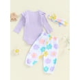 thumbnail image 5 of Nygoyerh Newborn Girls Outfit Long Sleeve Ribbed Romper + Floral Pants + Headband 3PCS Set Fall Cute Infant Clothing for 3M 6M 12M 18M, 5 of 7