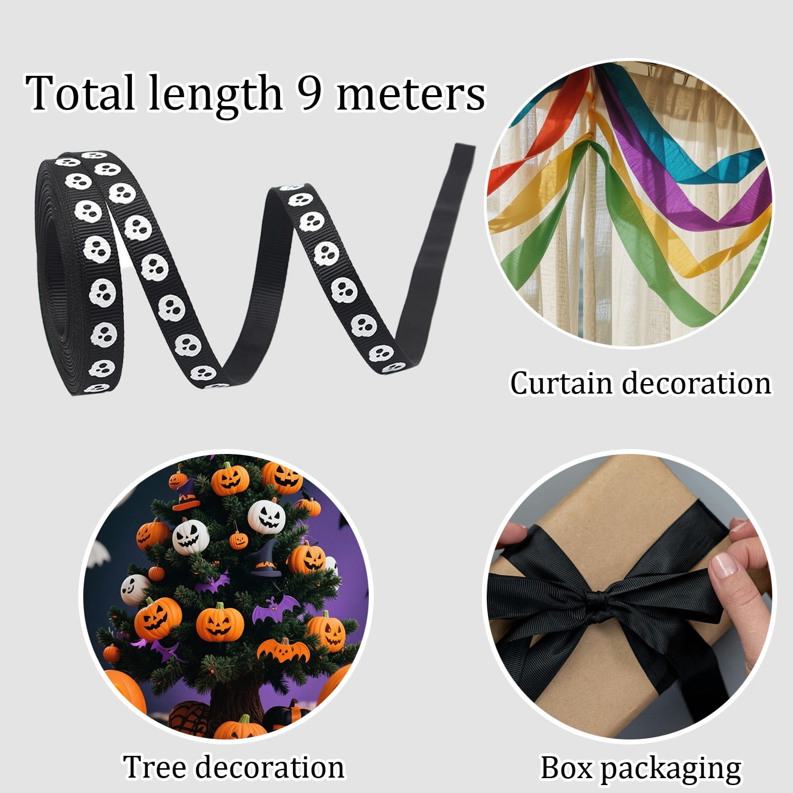 Halloween Wired Edge Ribbon - Bat, Spider Web & Skull Printed Grosgrain Ribbon for Wreaths, Gift Wrapping & Party Decorations - 10 Yard DIY Craft Ribbon