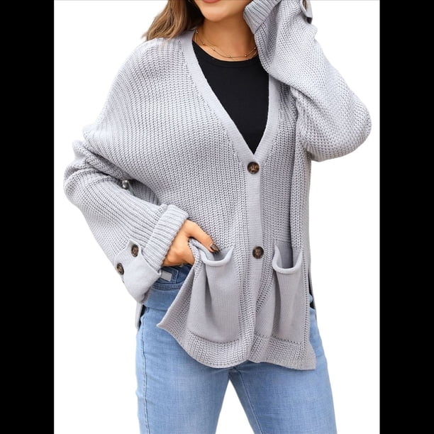 Suéter de Punto Grueso para Mujer, Cárdigan de Larga con Cuello en V, Botones y Bolsillo para Otoño e Invierno. Gris XL