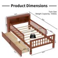 thumbnail image 2 of Twin Size Platform Bed with Storage Headboard & Two Under-Bed Drawers, Wooden Kids Bed Frame with Three-Side Guardrails for Safety and Security, Walnut, 2 of 9