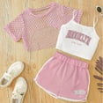 thumbnail image 2 of MEZZALL Girls Outfits 3 Piece Set Cute Letter Print Sleeveless Tops Mesh Short Sleeve Tee And Shorts Summer Casual Outfits For Toddler Kids Cozy Clothing, 2 of 3