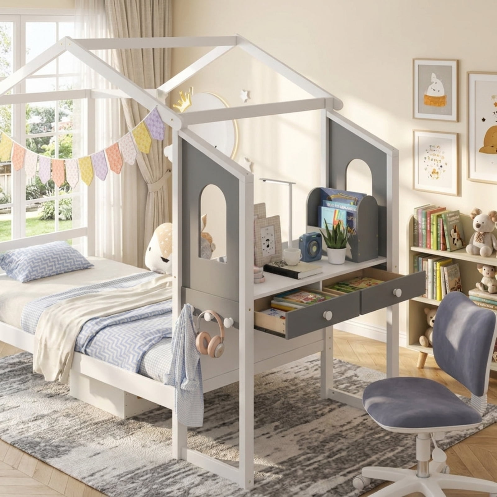 Furnibear Twin Size Kids House Bed Frame with Roof Canopy Fence and Storage Desk for Kids Bedroom, White and Gray