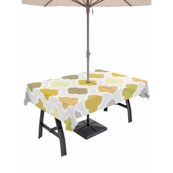 Outdoor Tablecloth with Umbrella Hole for Patio/Picnic/Party/Camping, Yellow Orange Moroccan Waterproof Table Cloth Rectangle Table Cover Washable, Vintage Boho Geometric Pattern Gray (60"x 102")
