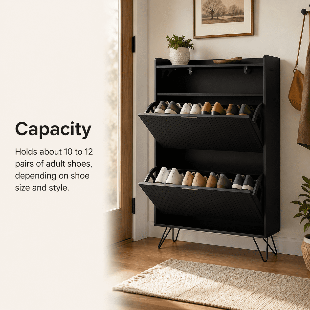 Alvantor Shoe Cabinet, 2 Flip-Down Doors with Hooks, Holds 10-12 Pairs, 31.5" W, Black
