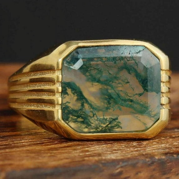 HARSHITA JEWELLERY Natural Moss Agate Ring, Gemstone Ring, 925 Sterling Silver Ring, Moss Agate Men's Ring, Promise Ring, Gift For Him