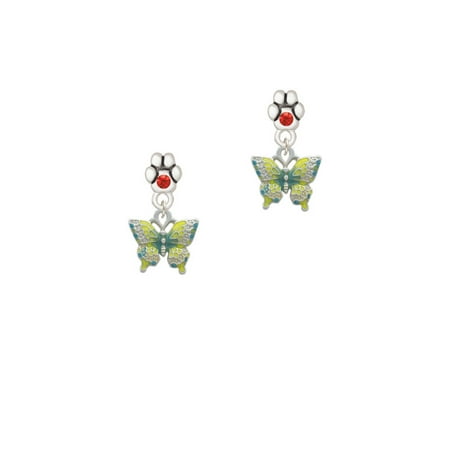 Small Butterfly Earrings - Small Lime Green & Blue Butterfly - Red Crystal Paw Earrings