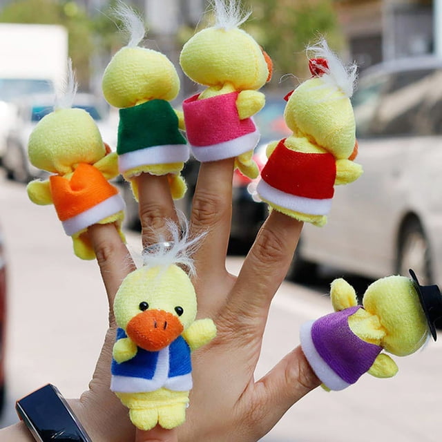 Juego de 6 marionetas de dedo con forma de pato de peluche, dibujos animados para niños