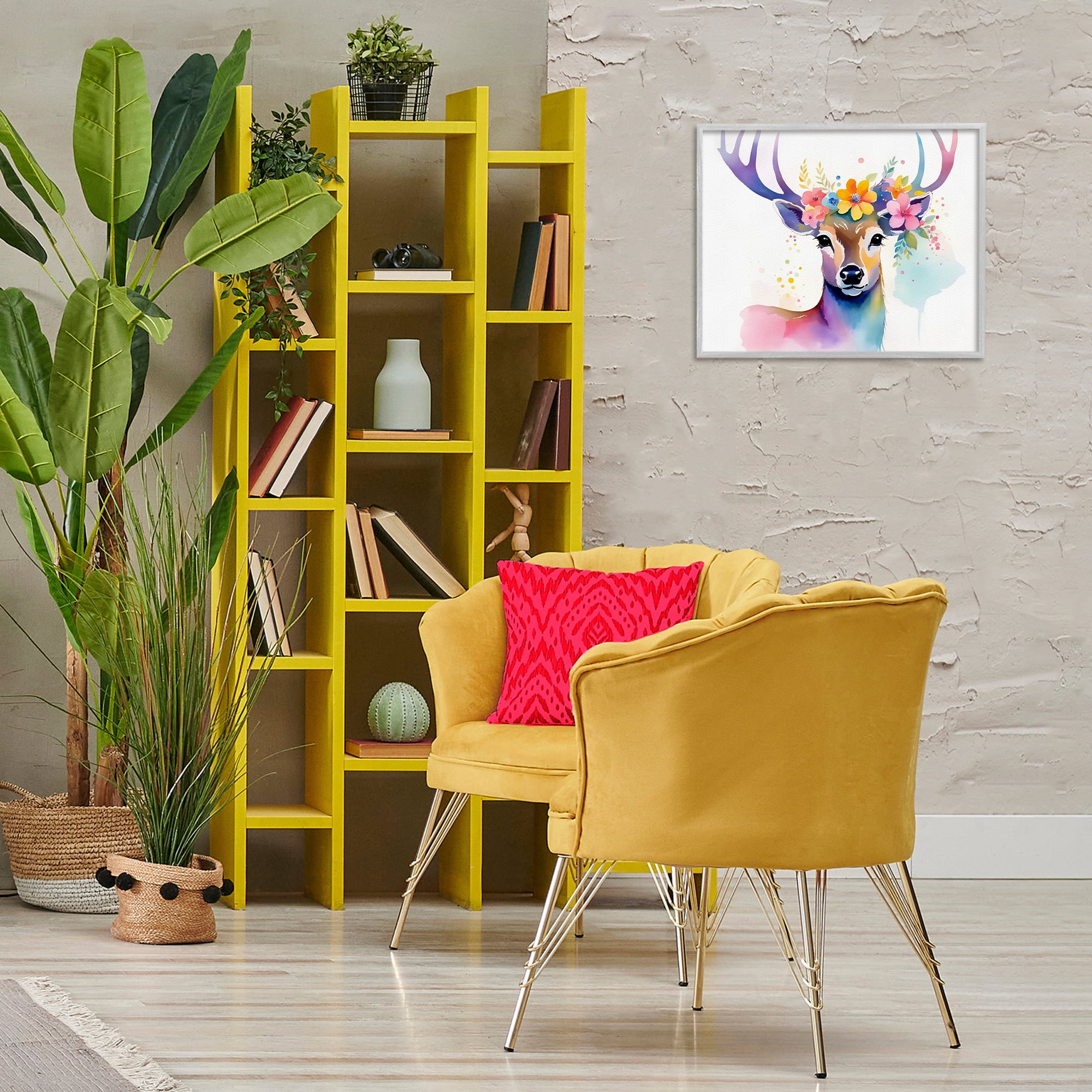 Stupell Industries Floral Garland Deer Animals & Insects Painting Gray Framed Art Print Wall Art, 20 x 16