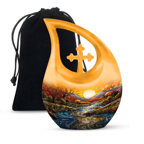 MUKTIVE Colorful Forest Adult Urns for Human Ashes Women and Men - Large Cross Drop Funeral Urn for Human Ashes Cremation with Velvet Bag 10 Inch - Burial Urns for Mom and Dad