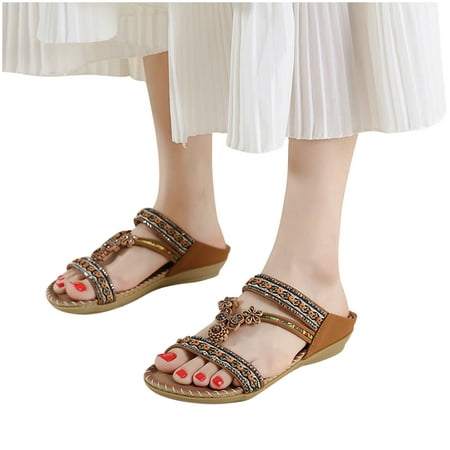 

Boho Slide Sandals for Women Girls Dressy Low Wedge Thong Sandals Casual Toe Ring Flat Sandals Cute Summer Bohemian Travel Flip Flop Sandal Shoes