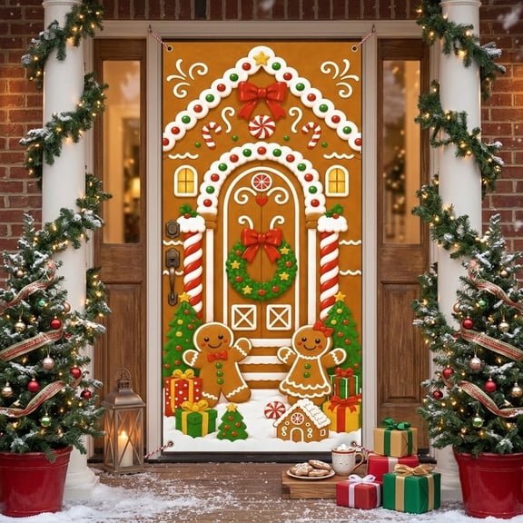 36x72in Gingerbread House Christmas Door Cover for Front Door Decor