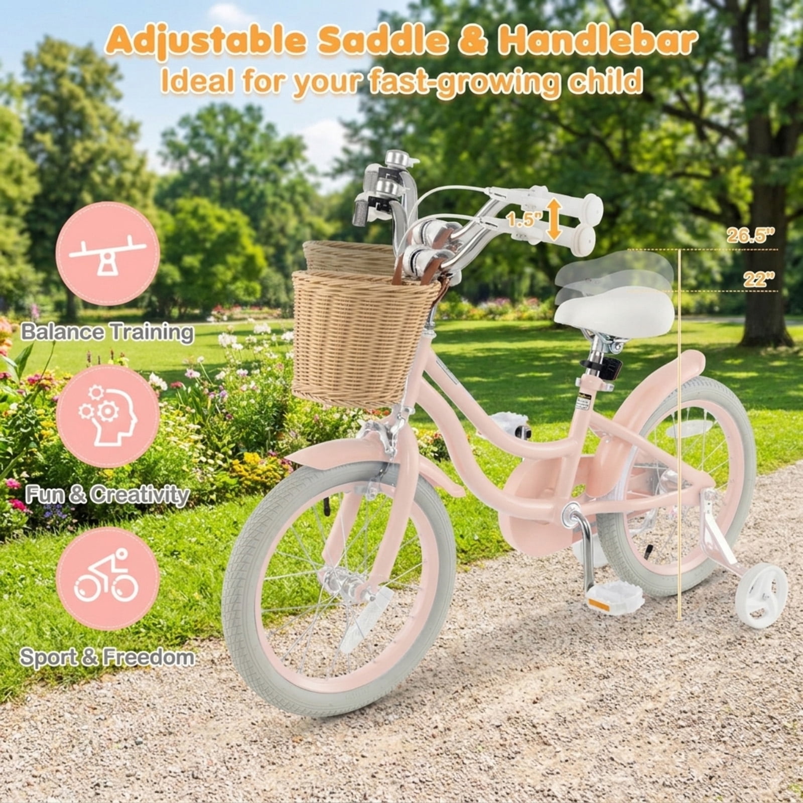 Redsmile Kids Bike 16 Inch with Training Wheels for Boys Girls Ages 4-7, Youth Bicycle with Adjustable Handlebar and Seat, Height 41-51 In, Holds 110 lbs, Carbon Steel Frame, Pink