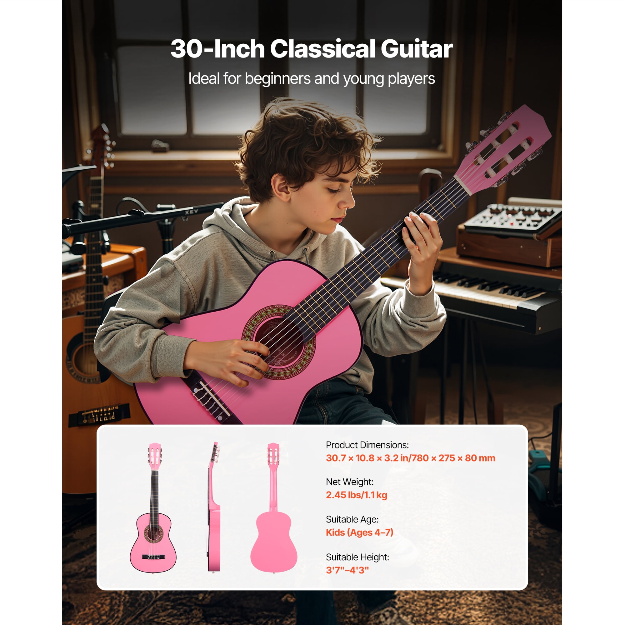 KFFKFF 30-Inch Classical Guitar Starter Kit, Wooden Design with Nylon Strings, Includes Gig Bag, Strap, Tuner, Extra Strings, Picks, Capo, Ideal for Beginners, Kids, and Students, Pink