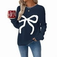thumbnail image 2 of Women Y2K Knit Sweater Crew Neck Long Sleeve Knitted Pullover Oversized Contrast Trim Knitwear Navy Blue XL, 2 of 7