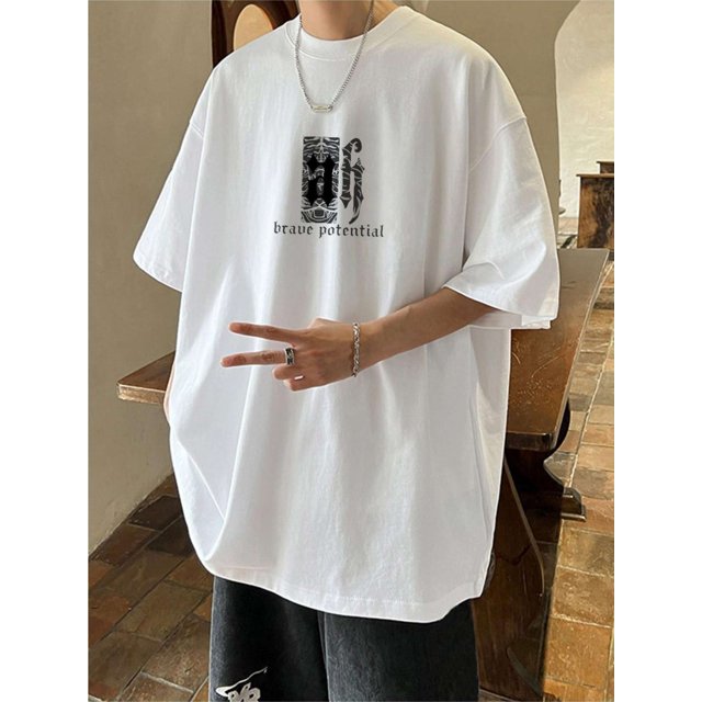 Camiseta de algodón para hombre, talla regular, 100 % tejido de punto grueso, cuello redondo, manga corta, estilo hip hop, corte holgado para todas las estaciones, estampado en caliente, largo regular