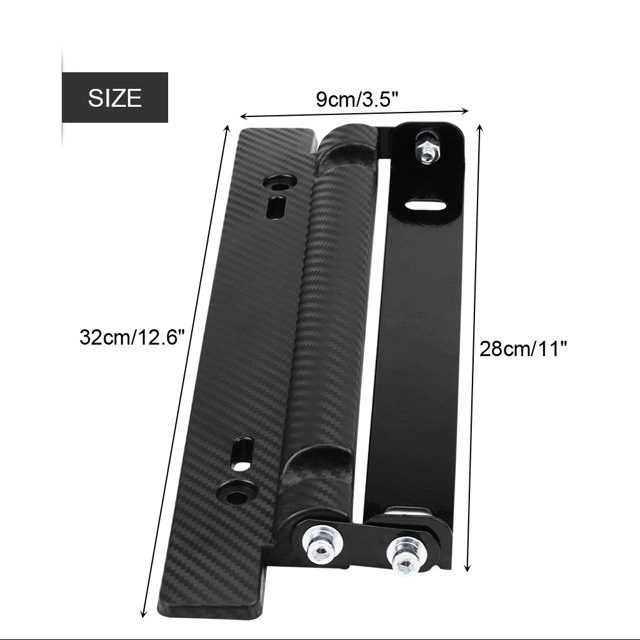 Without Drilling Or Welding License Plate Bracket License Plate Holder For Most Of Cars Installed In Front Of Your Car. A carbon fiber license plate frame holder with a universal fit for most cars. Made of durable ABS plastic and iron, it features a 180° adjustable design for flexibility. The frame measures 32 cm by 9 cm and includes easy installation without drilling or welding. Suitable for front or rear car installation.