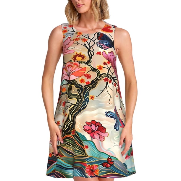 Fotbe Butterflies And Flowers Painting Vestido de Verano sin Mangas para Mujer – Vestido Midi Línea A, Estilo Camiseta Floral, Vestido Playero Casual y Fluido