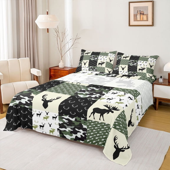 Homewish Safari Deer Skull Twin Sheet Sets,Rustic Camo Twin Fitted Sheet,Green Black Beige Flat Sheet For Boys Teens,Luxury Bedroom Decor,3-Piece