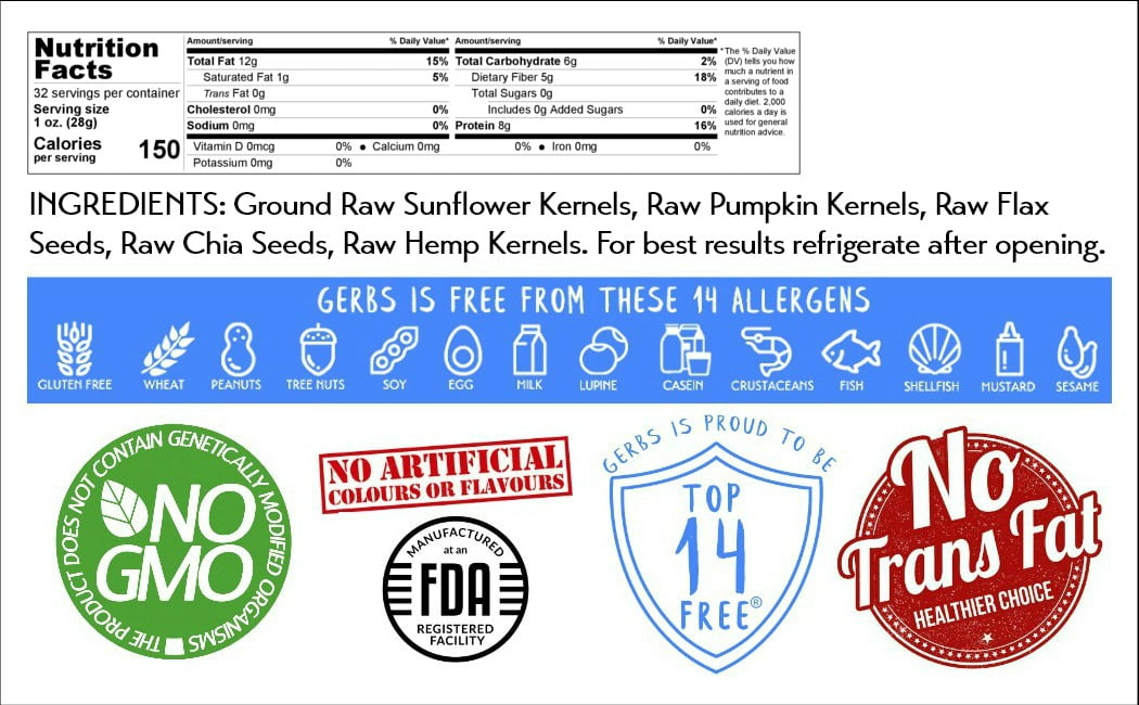 Ground Raw Pumpkin, Sunflower, Chia, Flax, Hemp Seed Meal By Gerbs - 2 LBS - Top 14 Food Allergen Free & NON GMO