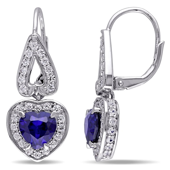 Everly Women’s 5 1/2ct TGW Created Blue & White Sapphire Silver Heart Halo Leverback Earrings
