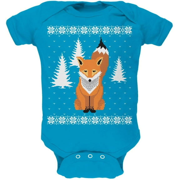 Big Fox Ugly Christmas Sweater Turquoise Soft Baby One Piece - 12 month