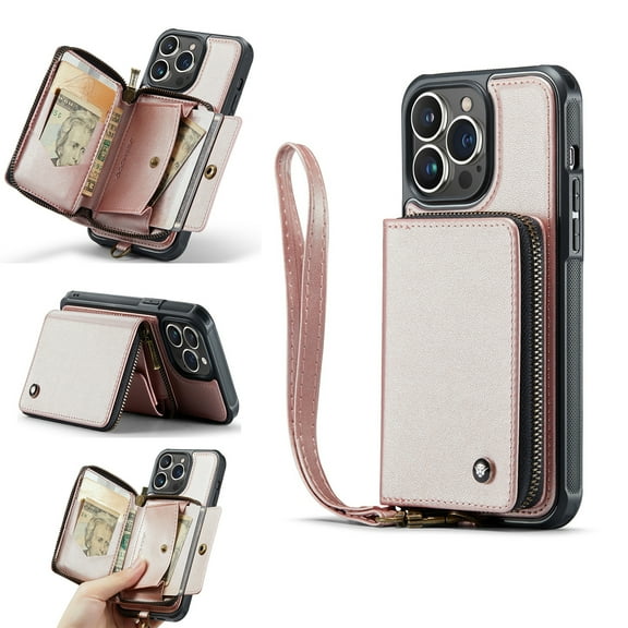 Decase for Apple iPhone 15 Pro Max 6.7 Inch (2023 Release),iPhone 15 Pro Max Wallet Case With Crossbody & Wrist Strap,Zipper Card Pocket Stand Rugged PU Leather Phone Cover - Rosegold