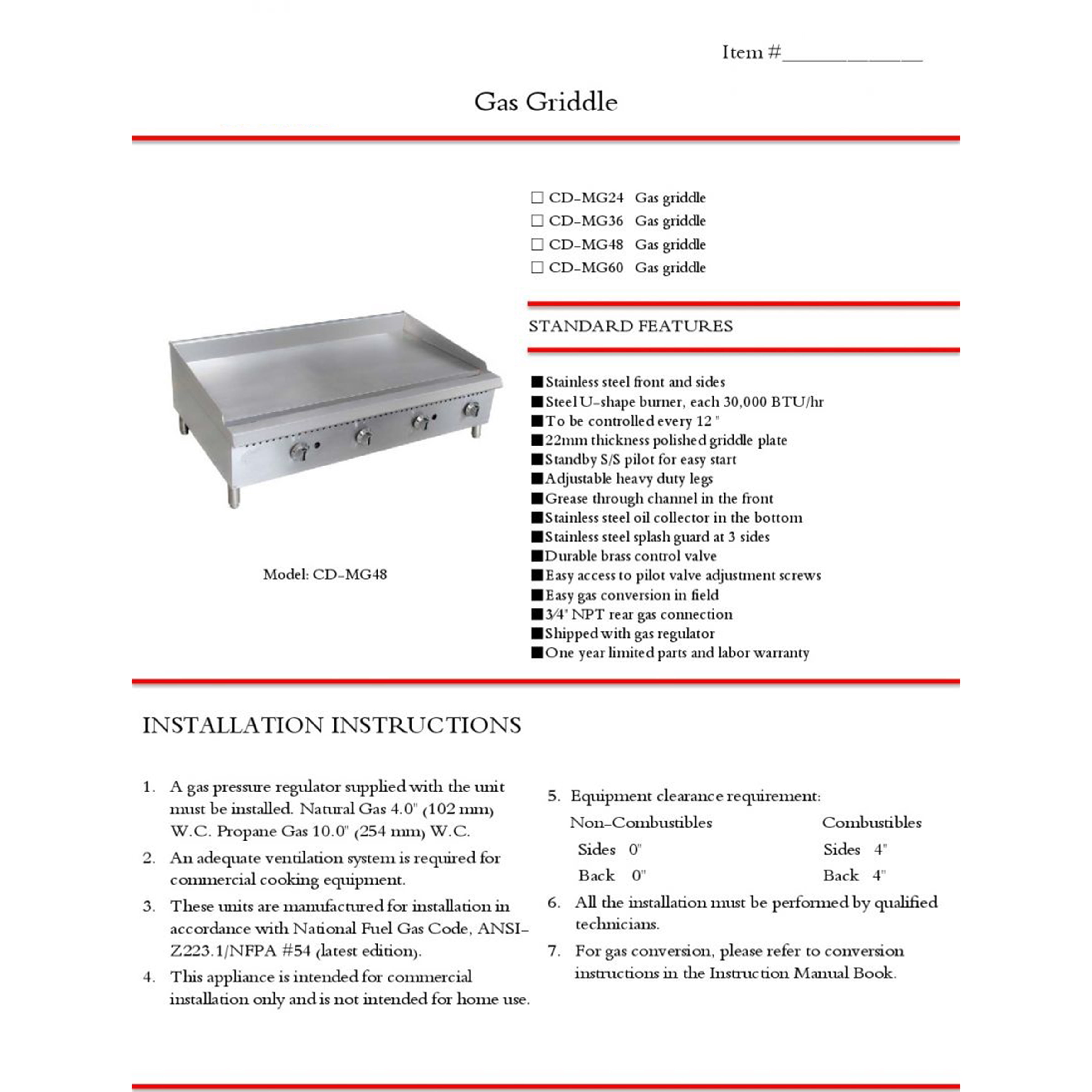 48 in. Commercial Four Burner Gas/Propane Manual Griddle 120000BTU