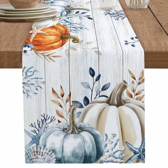 nqOlkjepod Blue Pumpkins Fall Table Runner 108 Inches Long Farmhouse Dress Scarves, Coastal Thanksgiving Eucalyptus Leaves Wooden Dining Tablerunner for Coffee Table/Kitchen Island/Party, 13"x108"