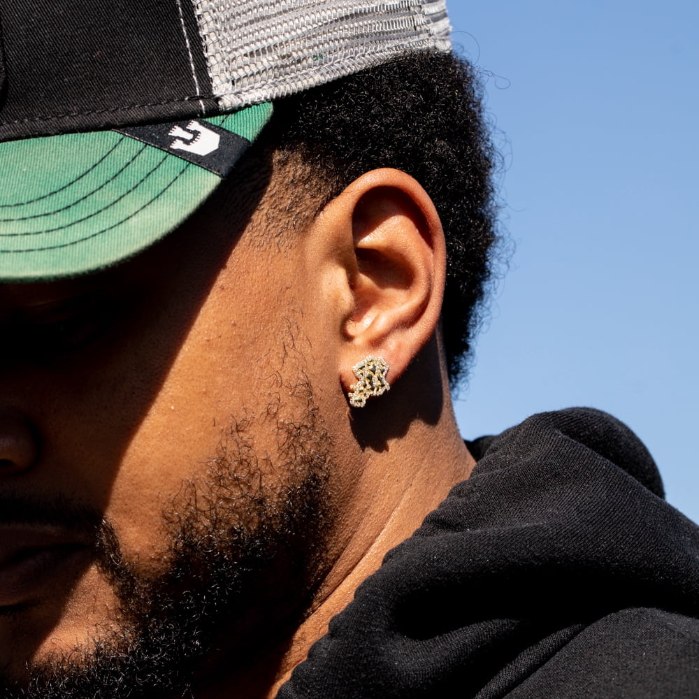 Retro 90's Hip Hop Solid 14K Yellow Gold Plated 925 Sterling Silver Screw Back Post Men’s Diamond Cut Stud Cz Iced Solid Nugget Earrings