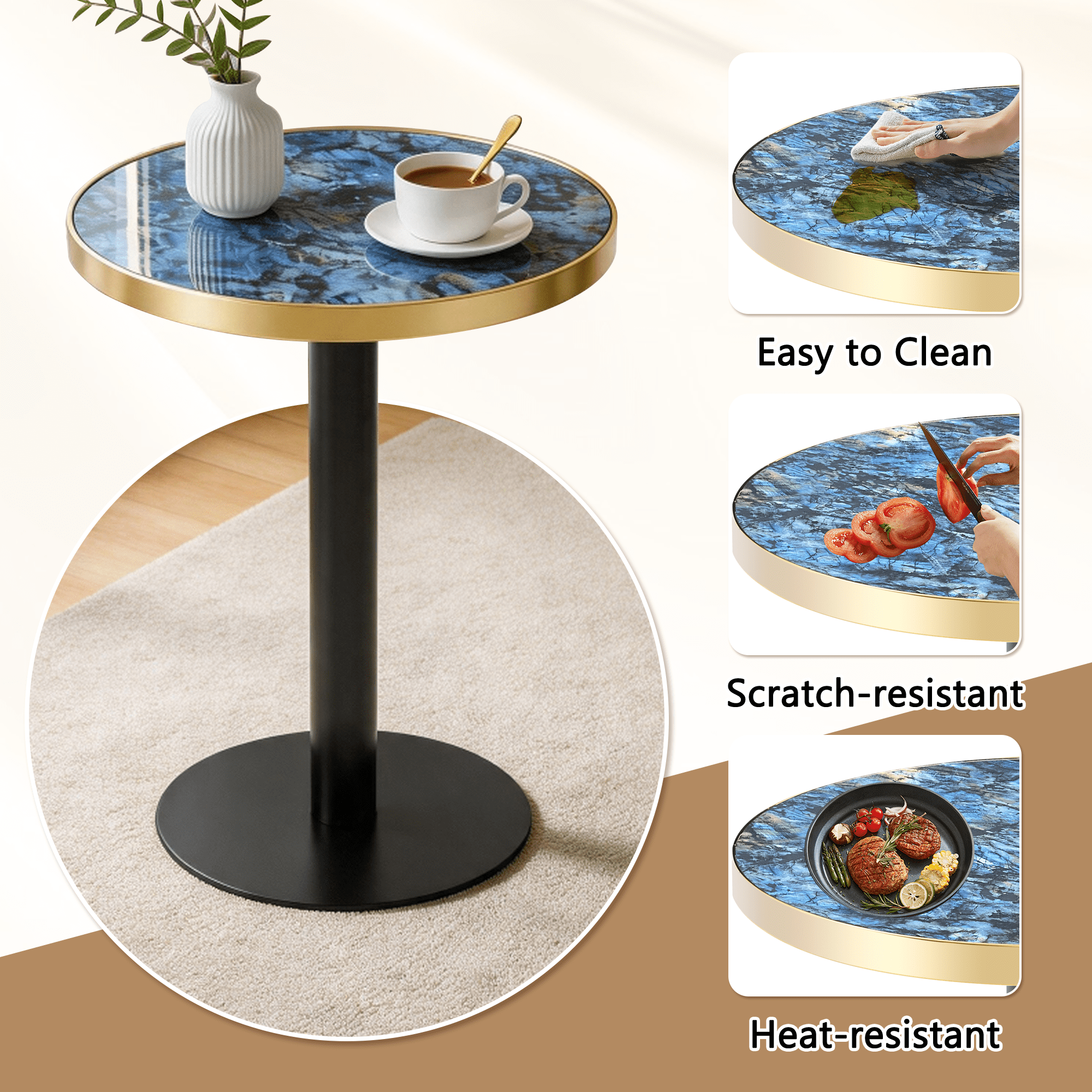 23.6" Round MDF sprayed with UV paint countertop, marble texture, stainless steel edging, metal table legs, modern light luxury edge/coffee table.