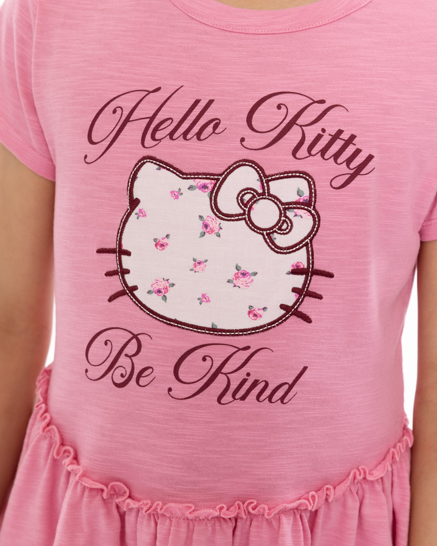 Hello Kitty Girls Tiered Dress with Embroidered Applique and Short Sleeves, Sizes 4-12