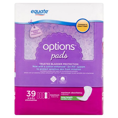 Equate Options Incontinence Pads for Women, Maximum, Long Length, 39 Ct ...