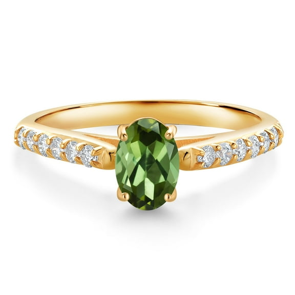 Gem Stone King 10K Yellow Gold Green Tourmaline and White Lab Grown Diamond Engagement Ring for Women (0.88 Cttw, Oval 7X5MM, Gemstone October Birthstone, Size 9)