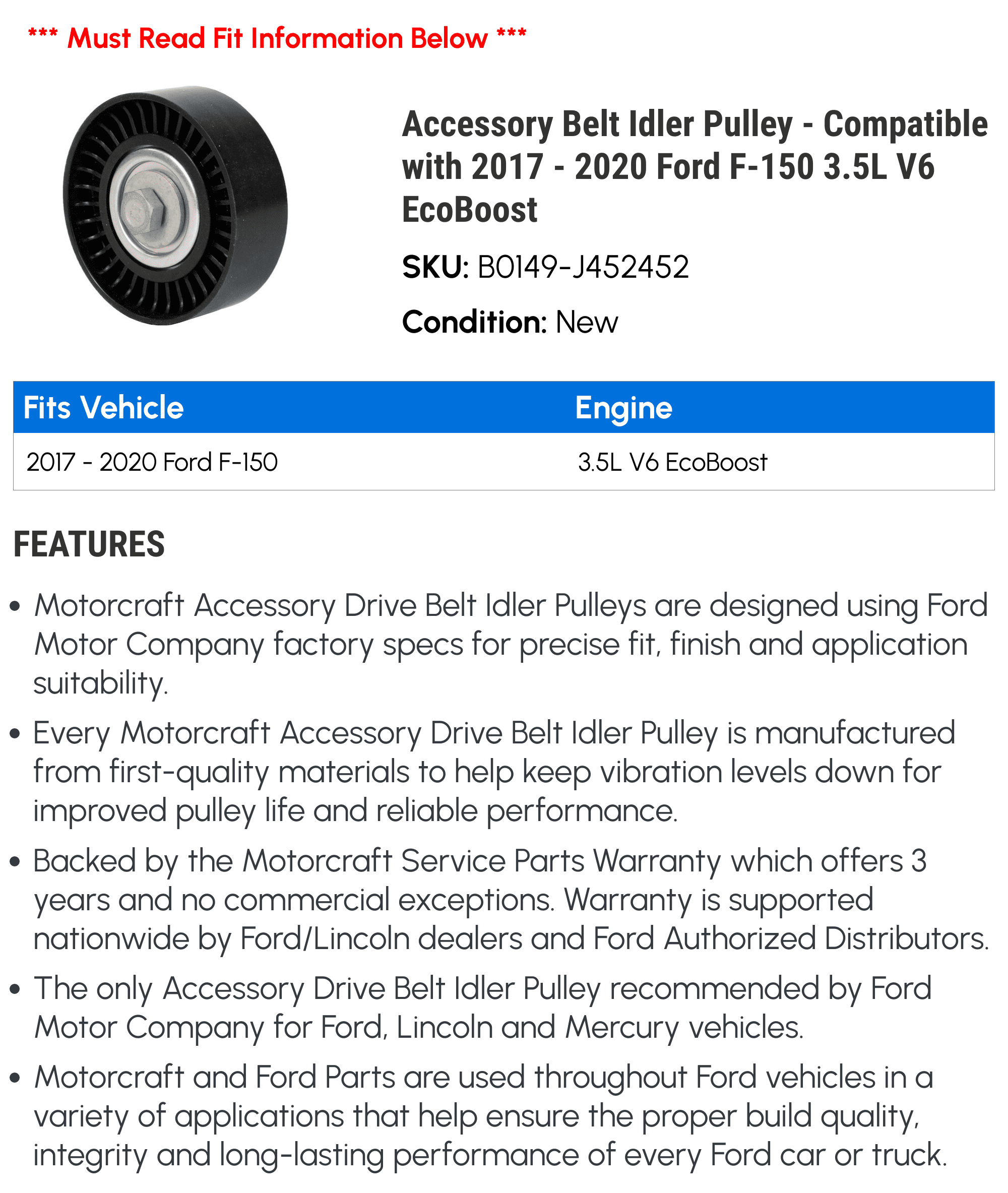 Accessory Belt Idler Pulley - Compatible with 2017 - 2020 Ford F-150 3.5L V6 E.c.o.b.o.o.s.t 2018 2019