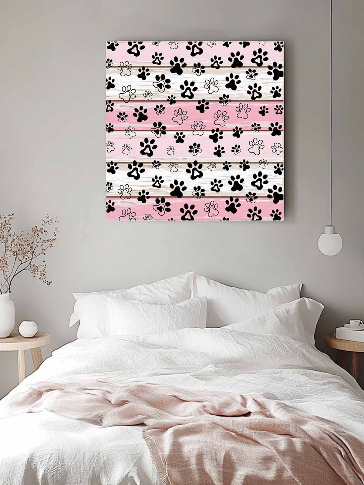 Dog Paw Canvas Wall Art, Pink Wood Grain Farmhouse Vintage Board Framed Wall Decor Modern Artwork Prints Painting for Living Room, Bedroom, Kitchen & Cafe Decor 16x16 Inch