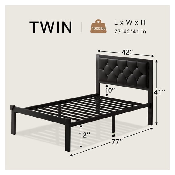 Twin Metal Bed Frame, Twin Platform Bed Frame with Button Tufted Faux Leather Headboard, Sturdy Steel Slats, No Box Spring Needed,12" Underbed Storage, Noise Free, Black