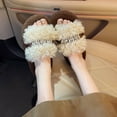 thumbnail image 5 of SYMSHOES Womens Fuzzy Platform Slippers - Rhinestone Embellished Open Toe Warm Curly Faux Faux Fur Slippers for Indoor Outdoor, Beige,Size 40, 5 of 6