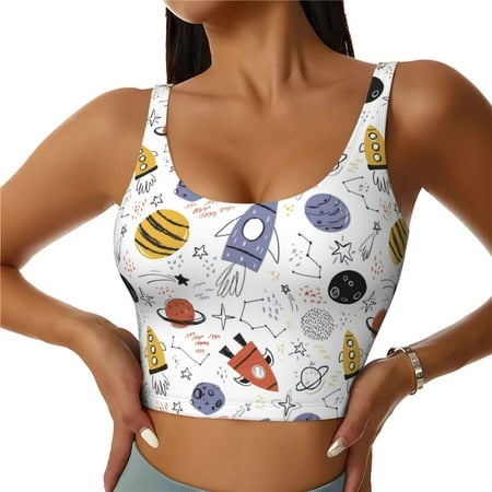 Jgfou Rocket Planets Print Womens Sports Bra - Padded Workout Sports Bras Crop Tank Top