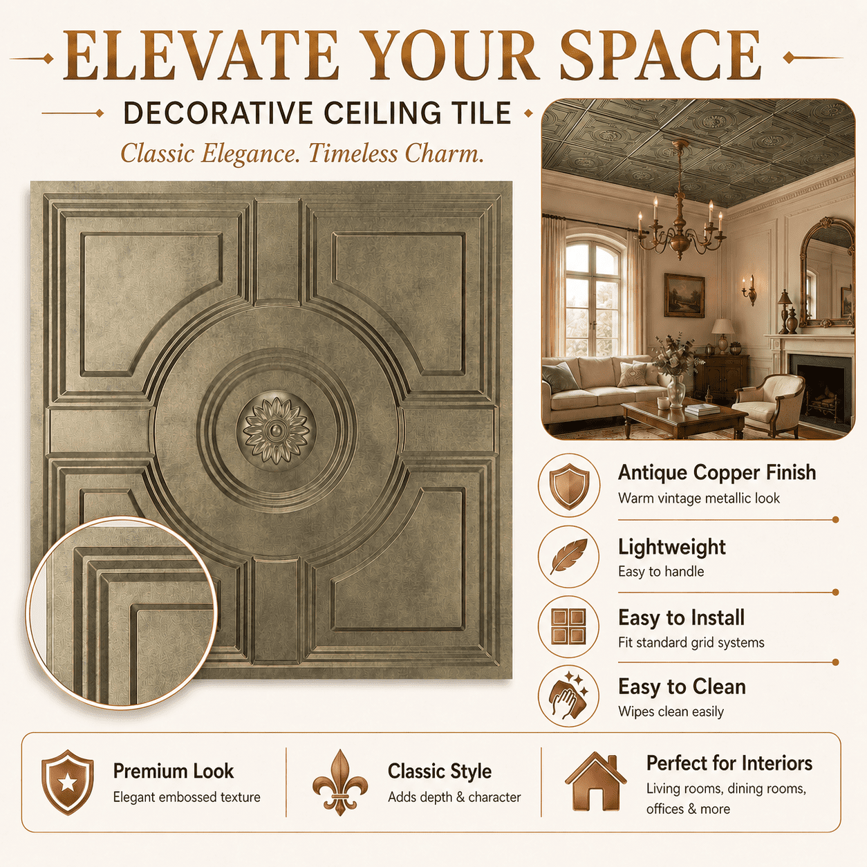 Yeslife 12-Pack Decorative Tiles, 2 x 2 ft, Antique Gold Embossed, Waterproof Drop-in Panels for Ceiling, 48 sq ft