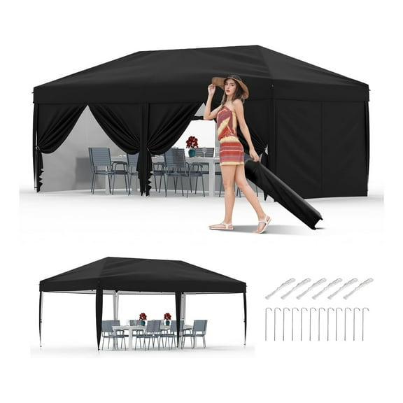 10'x20'inst antPop-Up Canopy Tent - Quick One-Push Assembly Sun Shelter for Outdoor Events, Parties, Camping & Commercial Use, Includes 6 Removable Sidewalls, Portable Wheeled Carry Bag