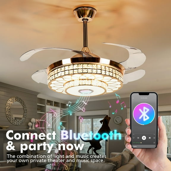 42 inch LED Crystal Fandelier with Bluetooth Speaker, Remote Control 3 Lights Levels, Modern Crystal Retractable Chandelier Fans for Living/Dining Room Bedroom