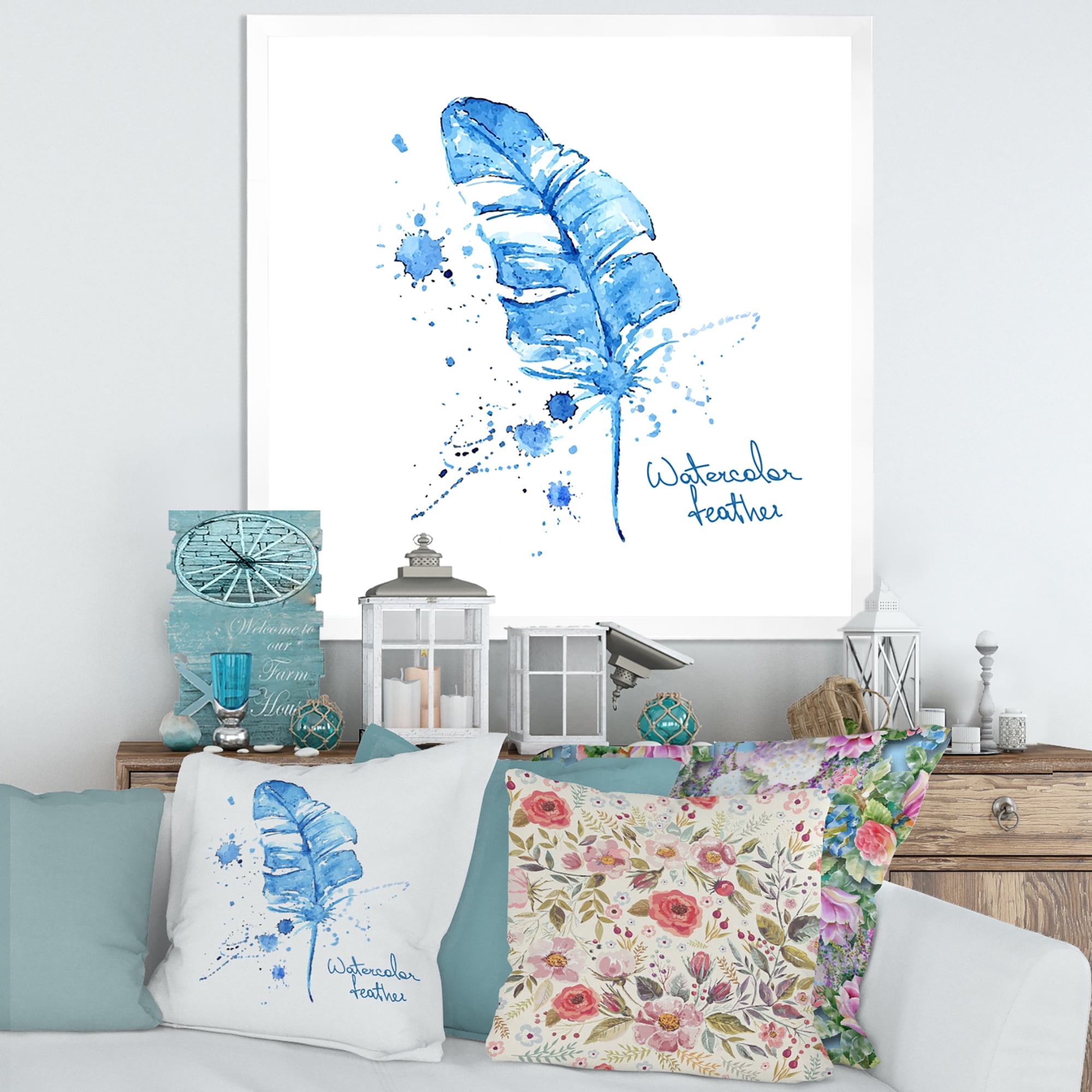 Designart 'Ethnic Blue Feather On White' Bohemian & Eclectic Framed Art Print