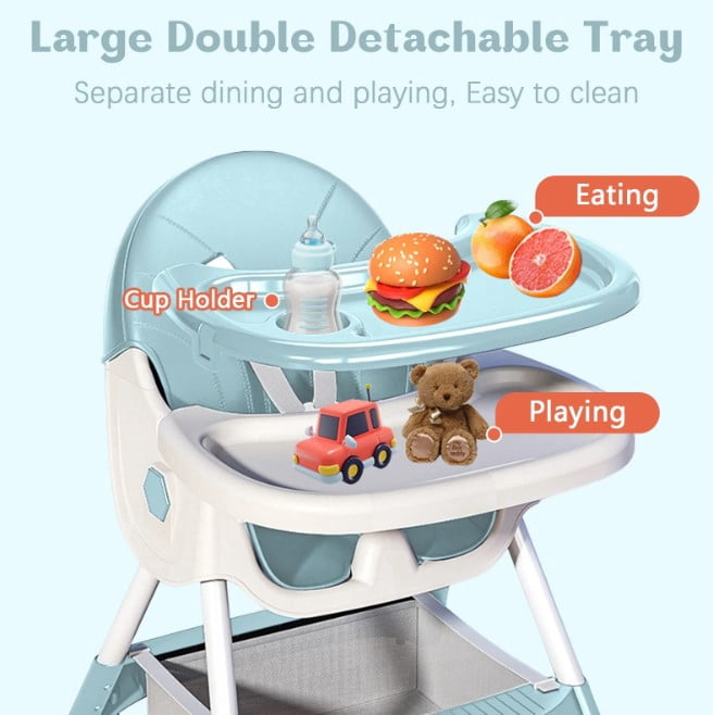 LHUAI, Foldable Baby High Chair, 4 in 1 Convertible High Chairs, With 5-Point Safety Harness, Adjustable Dining Tray & Backrest & Height, Easy To Clean Surface, For Babies And Toddlers, Light Blue
