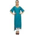 thumbnail image 1 of Bimba Women's Rayon Aqua Kurti Asymmetrical Hem Designer Kurta With Scarf - 10, 1 of 9