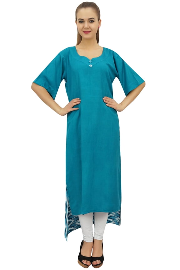 Women's Rayon Aqua Kurti Asymmetrical Hem Designer Kurta With Scarf - 30