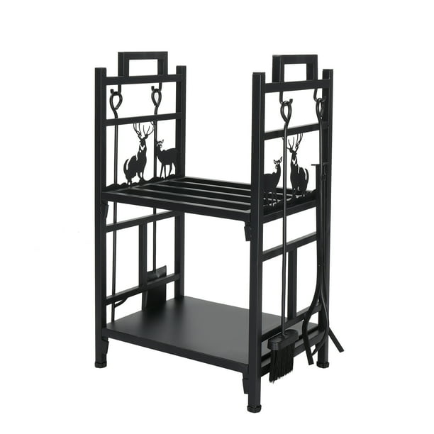 Ktaxon Firewood Rack Indoor Fireplace Tool Rack Outdoor Log Rack with 4 Tools Wood Holder Bin Firewood Holders Lumber Storage Stacking Black Wrought Iron Fireplace Logs Holder Stove Walmart Business S...