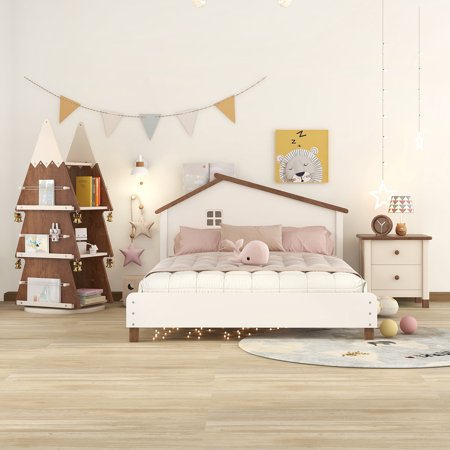 Churanty 3 Pieces Full Bedroom Sets  Wooden Kids Bedroom Furniture Sets with Full Size Platform Bed Nightstand Rotating Storage Shelf for Boys Girls Cream
