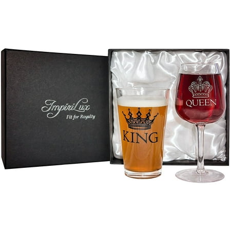 Xmas Wine Glass King Beer & Queen Wine Glass Set | Beautiful Affordable Gift for Newlyweds, Engagements, Anniversaries, Weddings, Parents, Christmas - Novelty Drinking Glassware ()