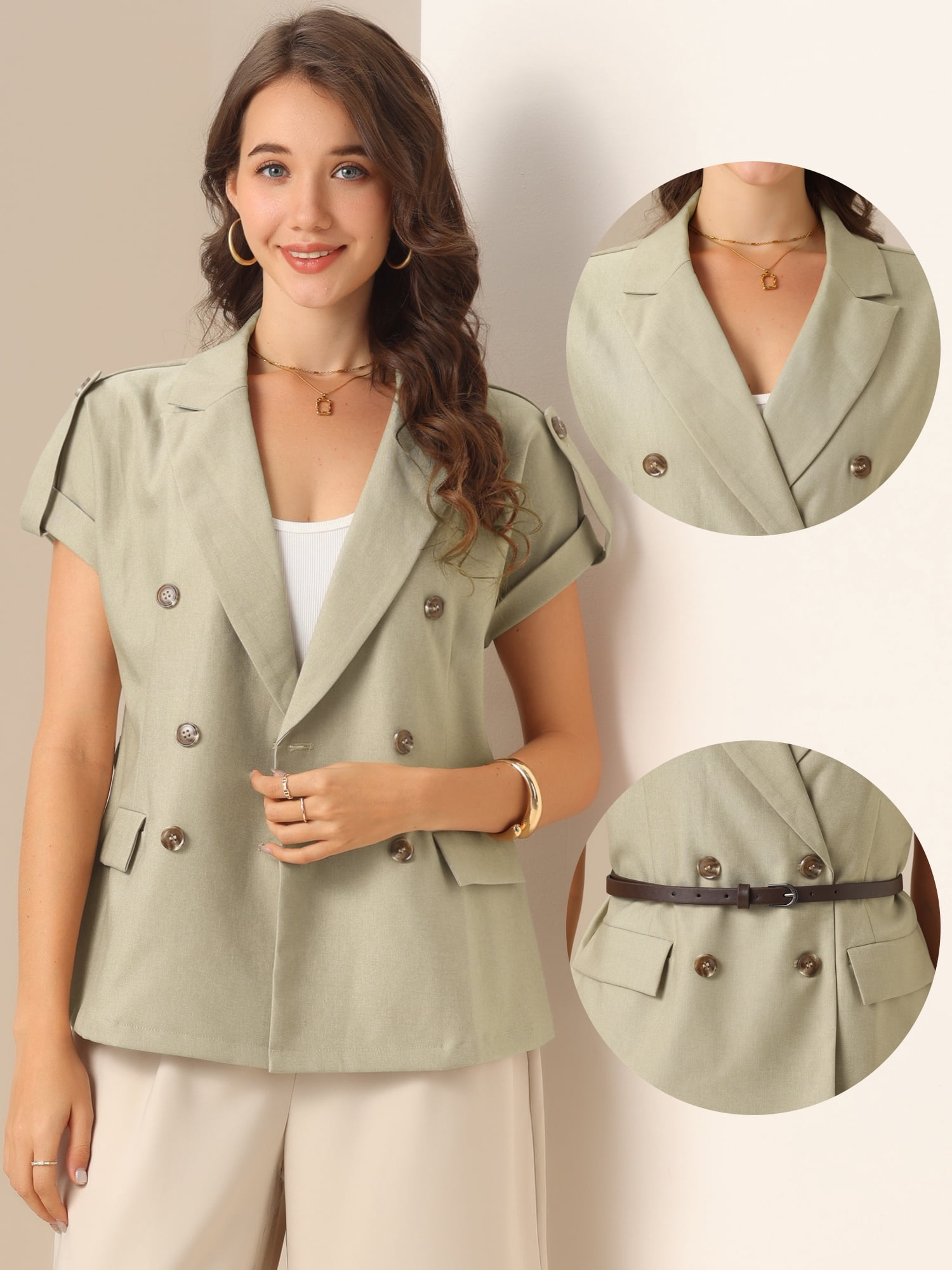DARING DIVA Women's Short Sleeve Double Breasted Blazer Jacket L Light Brown